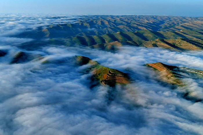 蘭州遠(yuǎn)郊山區(qū)夏日云海如輕紗曼舞